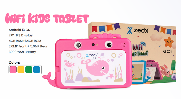 Zedx Wi-Fi Kids Tablet – 7.0” IPS Display, 4GB RAM, 64GB Storage, Android 13