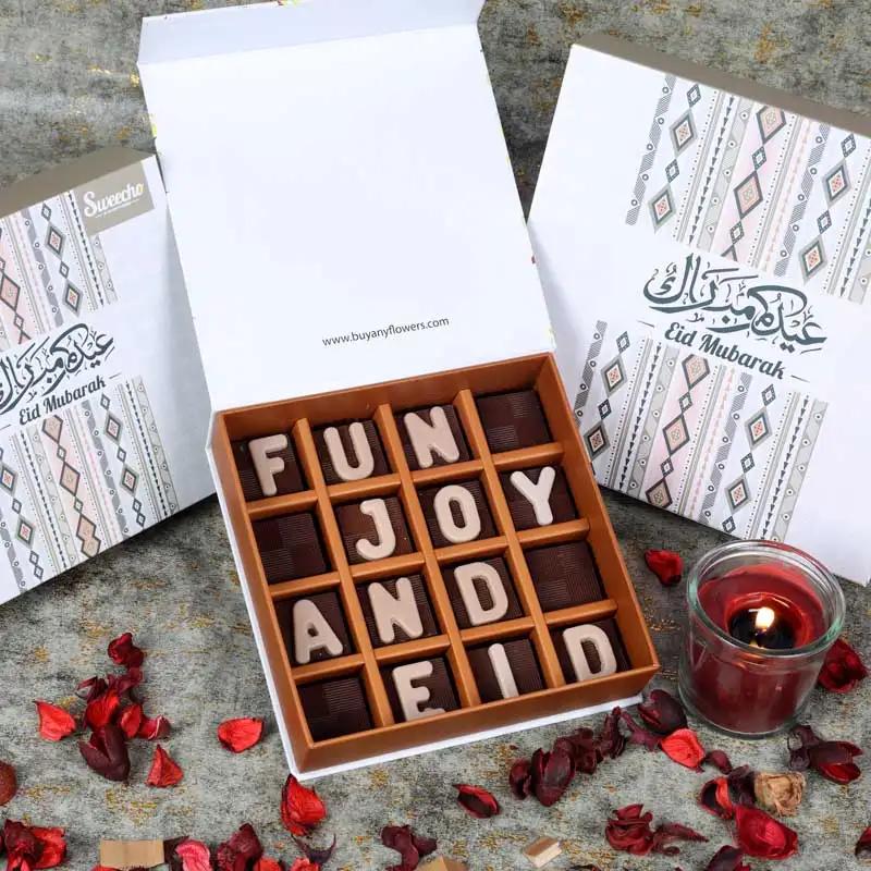 Fun Joy And Eid Chocolates By SweechoChocolate & ConfectioneryProduct Description Brand - Sweecho Text - Fun Joy and Eid Type - Milk Chocolate Quantity - 16 Pcs Marble Chocolate Letters Assorted Flavors - Pistachio, Cheesecake, Lotus, Hazelnut, Coffee, Co