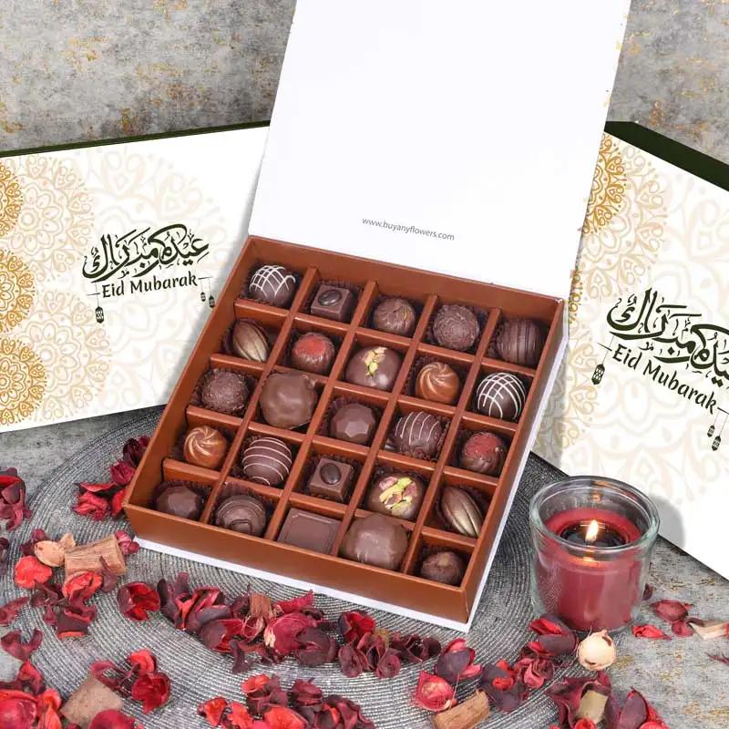 Eid Premium Chocolates By Sweecho 25 Pcs GreenChocolate & ConfectioneryProduct Description Brand - Sweecho Type - Milk Chocolate Quantity - 25 Pcs Flavors - Pistachio, Coffee, Hazelnut, Salted Caramel, Cinnamon Etc Allergens - Nuts and Milk Arranged in a