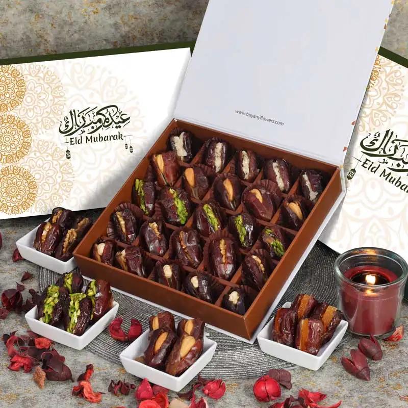 Eid Stuffed Dates By Sweecho 25 Pcs GreenChocolate & ConfectioneryProduct Description Assorted Stuffed Dates Flavors - Pistachio, Orange Peel, Cashew, Walnut and Hazelnut Quantity - 25 Pcs Arranged in a Beautiful Eid Gift Box