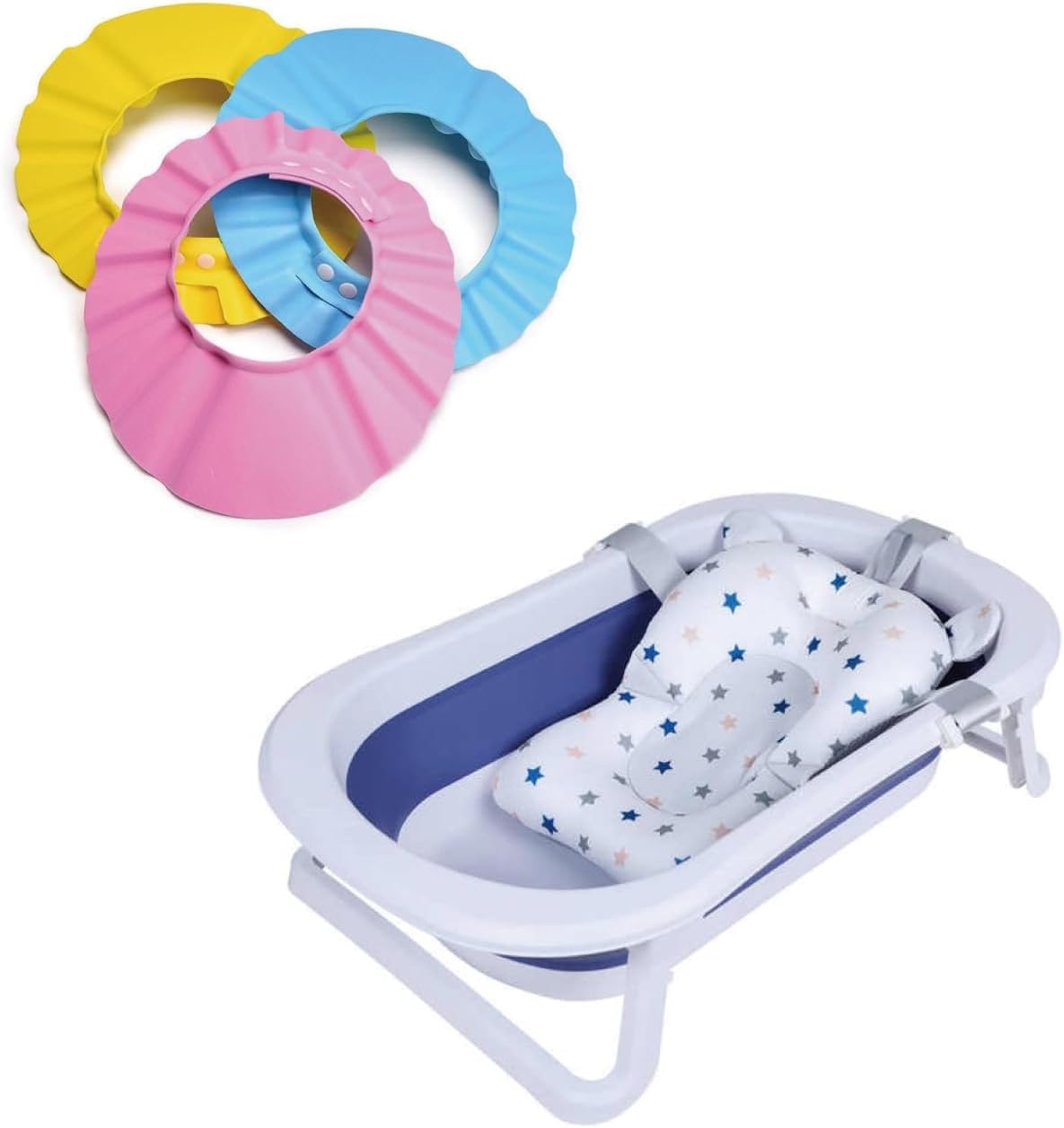 Sybils Bath safety kitBath Safety Kit Safety protection: The set includes an EVA bath cap and a newborn bathtub mat, both designed with safety features. The EVA bath cap is made of soft and waterproof material to effectively protect the baby's eyes and fa