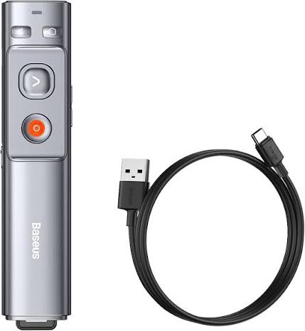 Baseus Orange Dot Wireless Presenter with Red Laser – Rechargeable Presentation Clicker with USB-A & USB-C Receiver, 100m Range, Grey