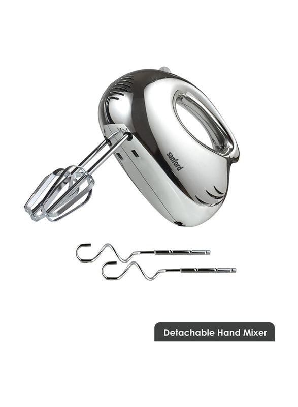 Sanford 2L Stand Mixer, 300W, SF1354SM BS - Silver/BlackKitchen Appliances2 Liter Stainless Steel Rotating Bowl. Detachable mixer head can be used as a hand mixer. Chromed ABS Housing. 100% Copper Motor. 3 Speed Control with Turbo Function. 2 Beaters for