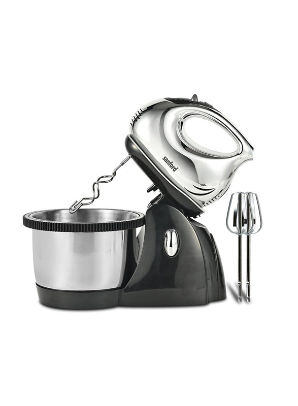 Sanford 2L Stand Mixer, 300W, SF1354SM BS - Silver/BlackKitchen Appliances2 Liter Stainless Steel Rotating Bowl. Detachable mixer head can be used as a hand mixer. Chromed ABS Housing. 100% Copper Motor. 3 Speed Control with Turbo Function. 2 Beaters for