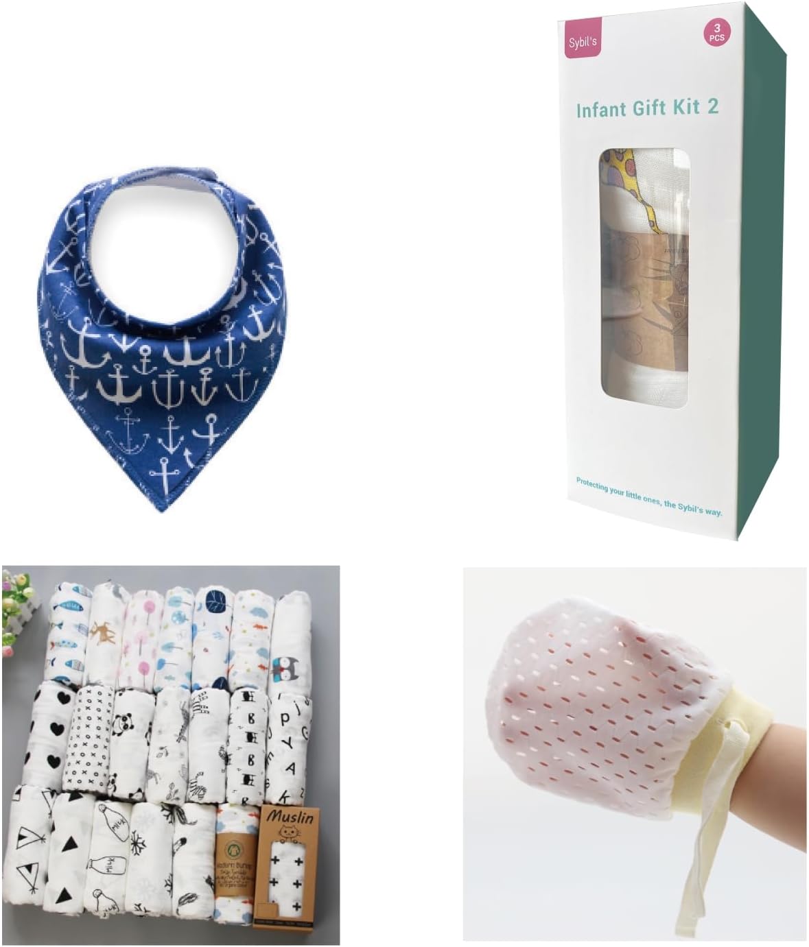 Sybils Infant gift kit 2Infant Gift Kit-2 Versatility: This set includes baby face scratch mittens, baby drool bibs, and swaddle blankets, catering to various needs of newborn babies. Whether it's preventing the baby from scratching their face, absorbing
