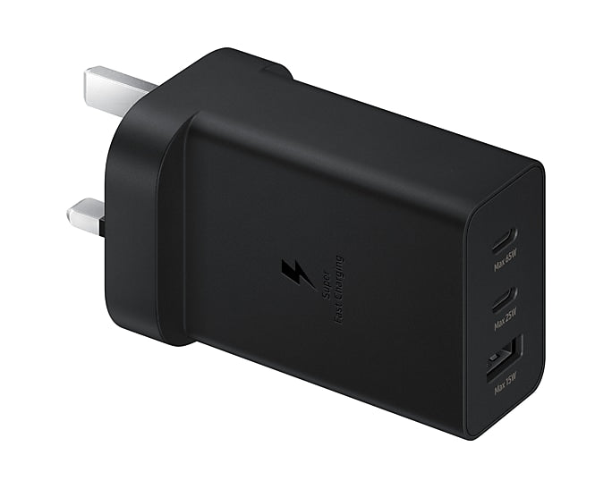 Samsung 65W Power Adapter Trio, Black, EP-T6530NBEGAEMobile Accessories⚡ 65W Super-Fast Charging: Rapidly charges phones, tablets, and even laptops with compatible devices. 🔌 Triple Port Output: Includes 2 USB-C and 1 USB-A port to charge up to 3 devices