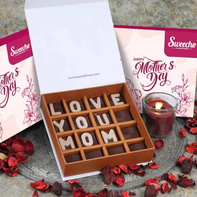 Love You Mom Chocolates By Sweecho 16 PcsChocolate & ConfectioneryBrand - Sweecho Text - Love You Mom Type - Milk Chocolate Quantity - 16 Pcs Marble Chocolate Letters Assorted Flavors - Pistachio, Cheesecake, Lotus, Hazelnut, Coffee, Cornflakes and Mix Nu