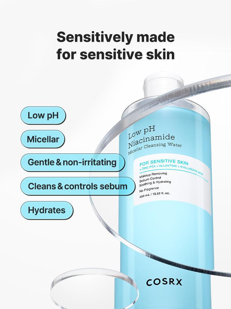 Cosrx Low pH Niacinamide Micellar Cleansing Water 400ml ClearPersonal CareLow pH Formula: pH-balanced to match your skin’s natural barrier, reducing irritation and dryness. Infused with Niacinamide: Helps brighten skin tone, control excess oil, and minimi