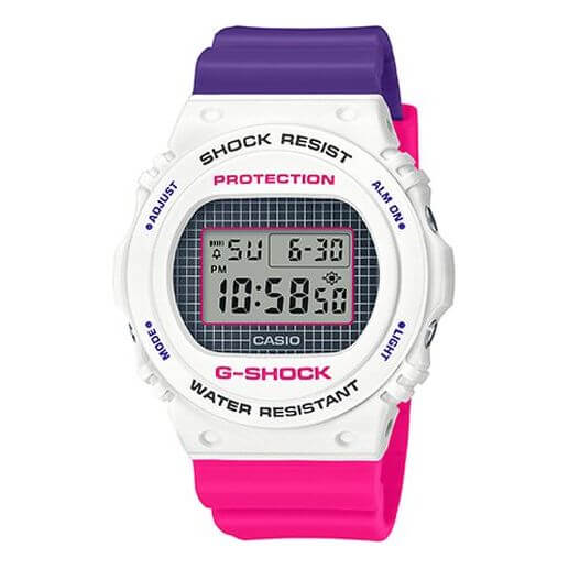 Casio G-Shock DW-5700THB-7DR Digital Watch – Limited Edition, Shock Resistant, Retro White Design | LetsTango UAEJewelleryThe Casio G-Shock DW-5700THB-7DR revives the iconic round-face G-Shock design in a fresh white and purple color scheme. Part of a lim