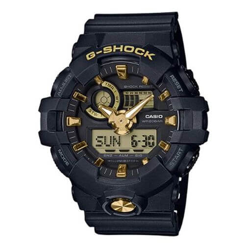 Casio G-Shock GA-710B-1A9DR Analog/Digital Watch – Metallic Gold Accents, Shock Resistant, 3D Dial Design | LetsTango UAEJewelleryThe Casio G-Shock GA-710B-1A9DR is designed to make a statement with its glossy black finish and metallic gold details. Built