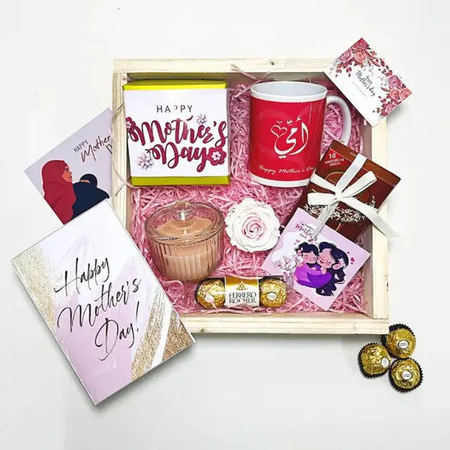 Mothers Day Greeting HamperChocolate & Confectionery1 Senorita Preserved Rose Patchi Chocolate 250gm Mothers Day Pre Printed Mug Aroma Candle Lindt Chocolate 100gm Ferrero Rocher 3 Pcs Mothers Day Greeting Cards and Tags Arranged in a Wooden Box