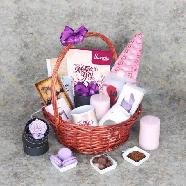 Mothers Day Delight Gift BasketGifts and HampersGift Includes: 1 Purple Forever Rose in Black Box Mothers Day Premium Assorted Chocolates By Sweecho 16 Pcs 1 Cute Soft Toy 30cm Arabic Coffee 100gm Womens Day Coffee Mug 1 Blueberry Loaf Cake Premium Bluebe