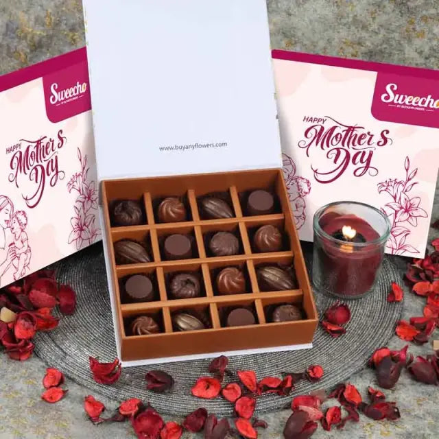 Mothers Day Premium Assorted Chocolates 16 Pcs By SweechoChocolate & ConfectioneryBrand - Sweecho Type - Milk Chocolate Quantity - 16 Pcs Flavors - Pistachio, Coffee, Hazelnut, Salted Caramel, Cinnamon Etc Allergens - Nuts and Milk Arranged in a Beautiful