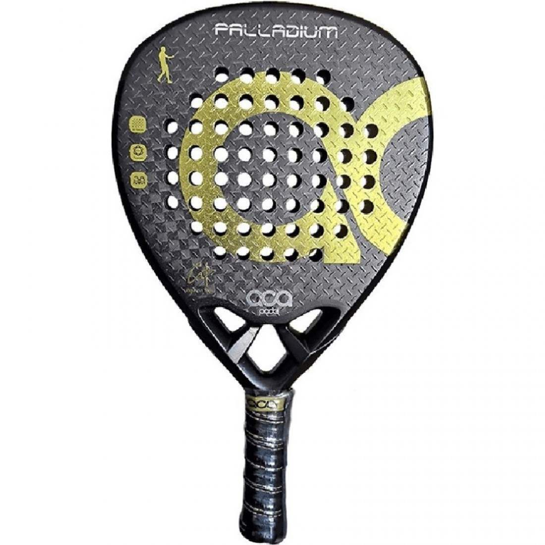 ACA Agustín Torre Palladium Gold Padel RacketEquipmentsThe ACA Agustín Torre Palladium Gold Padel Racket stands out for its exceptional construction and performance. Crafted with a 100% carbon tubular frame and 12K carbon fiber faces, it offers a solid an