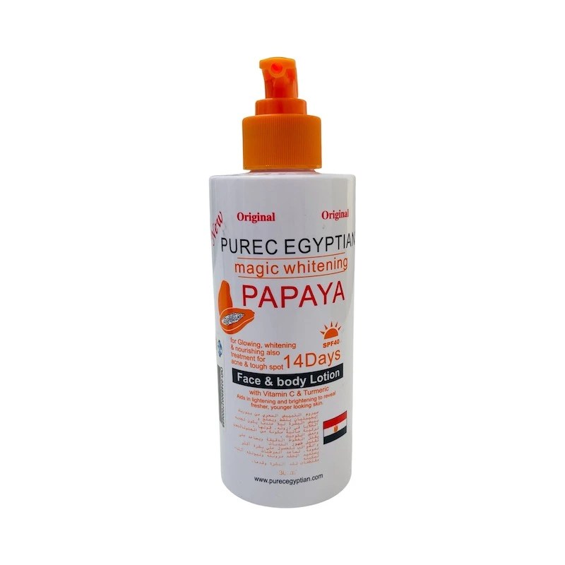 Purec Egyptian Magic Whitening Papaya Face & Body Lotion, 300mlPersonal CareGives a tinted overall whitening and firming of the face and body within 14 days of use. Direction for use. Apply morning and evening on cleansed skin.