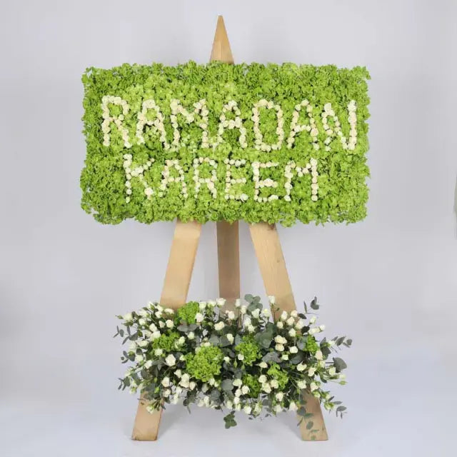 Ramadan Kareem Flower StandGifts and Hampers15 Green Hydrangea 40 Stems White Spray Roses Leaves - 12 Stems Cinerea Eucalyptus Height - 150cm Approx Prepeared in a Wooden Stand