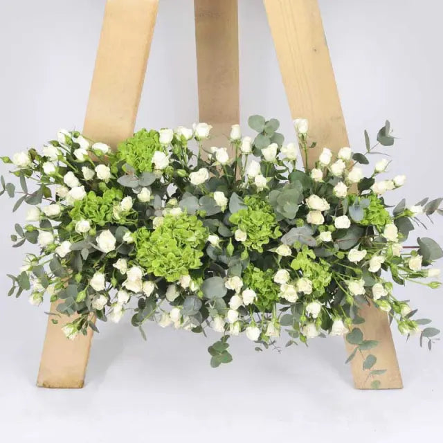 Ramadan Kareem Flower StandGifts and Hampers15 Green Hydrangea 40 Stems White Spray Roses Leaves - 12 Stems Cinerea Eucalyptus Height - 150cm Approx Prepeared in a Wooden Stand