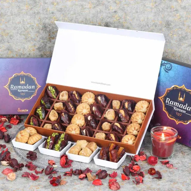 Ramadan Stuffed Dates Mamoul and Baklawa By Sweecho 32 Pcs BlueGifts and HampersAssorted Stuffed Dates, Mamoul and Baklawa Flavors - Pistachio, Hazelnut, Cashew and Walnut Quantity - 32 Pcs Arranged in a Beautiful Ramadan Gift Box