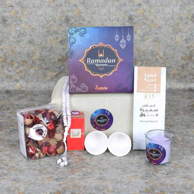 Ramadan Wishes Dates and Coffee HamperGifts and HampersHamper Includes: Assorted Stuffed Dates Box 16 Pcs By Sweecho 1 Prayer Beads Assorted Color 1 Swiss Arabia Oud Oil Arabic Coffee 100gm 2 Small Coffee Shots Cups 1 Scented Jar Candle 1 Potporry Pack Ar