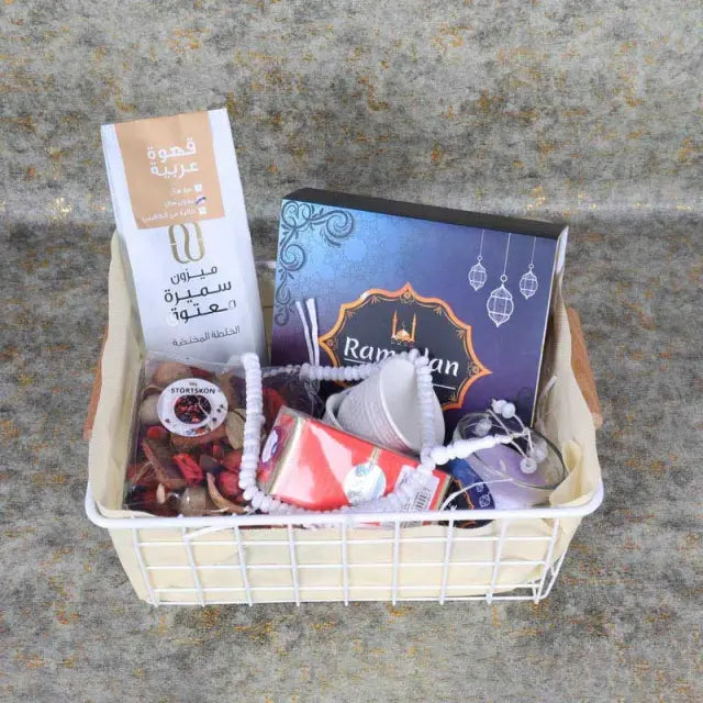 Ramadan Wishes Dates and Coffee HamperGifts and HampersHamper Includes: Assorted Stuffed Dates Box 16 Pcs By Sweecho 1 Prayer Beads Assorted Color 1 Swiss Arabia Oud Oil Arabic Coffee 100gm 2 Small Coffee Shots Cups 1 Scented Jar Candle 1 Potporry Pack Ar