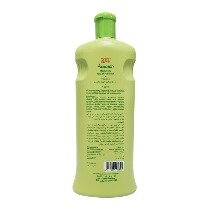 RDL Avocado Extract + Vitamin E Moisturizing Hand & Body Lotion - 600mlPersonal CareAvocado-Powered Hydration: Enriched with avocado extract to deeply moisturize and help repair dry or rough skin, ideal for UAE's dry climate. Vitamin E Infused: Provides a