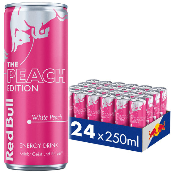 Pink Red Bull energy drink can with packaging displaying 'The Peach Edition' and '24 x 250ml'.