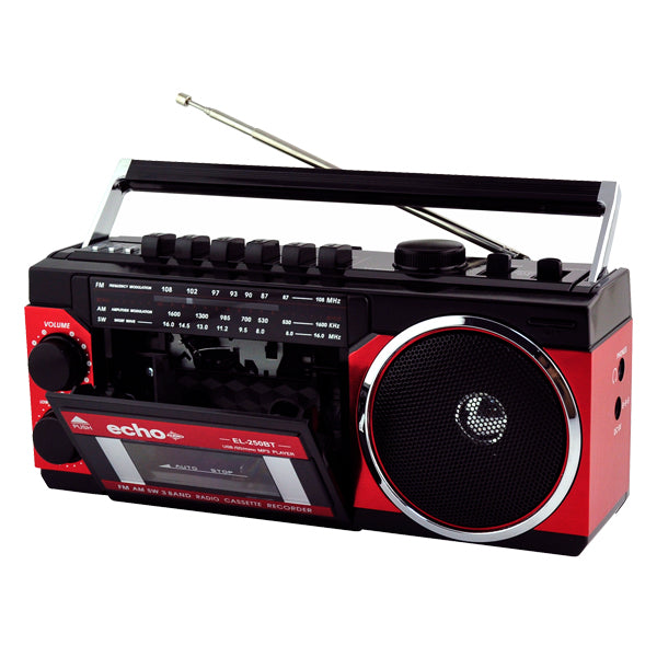 Echo Audio Mini Retro Blast RedAM/FM/SW 3 BANDS CASSETTE RECORDER FM/AM/SW RECEIVER USB/SD SOCKET MP3 MUSIC PLAYER EXTERNAL ANTENNA WIRELESS CONNECTION RECORDING FUNCTION EARPHONE JACK WITH BT/USB/SD MP3 MUSIC PLAYER