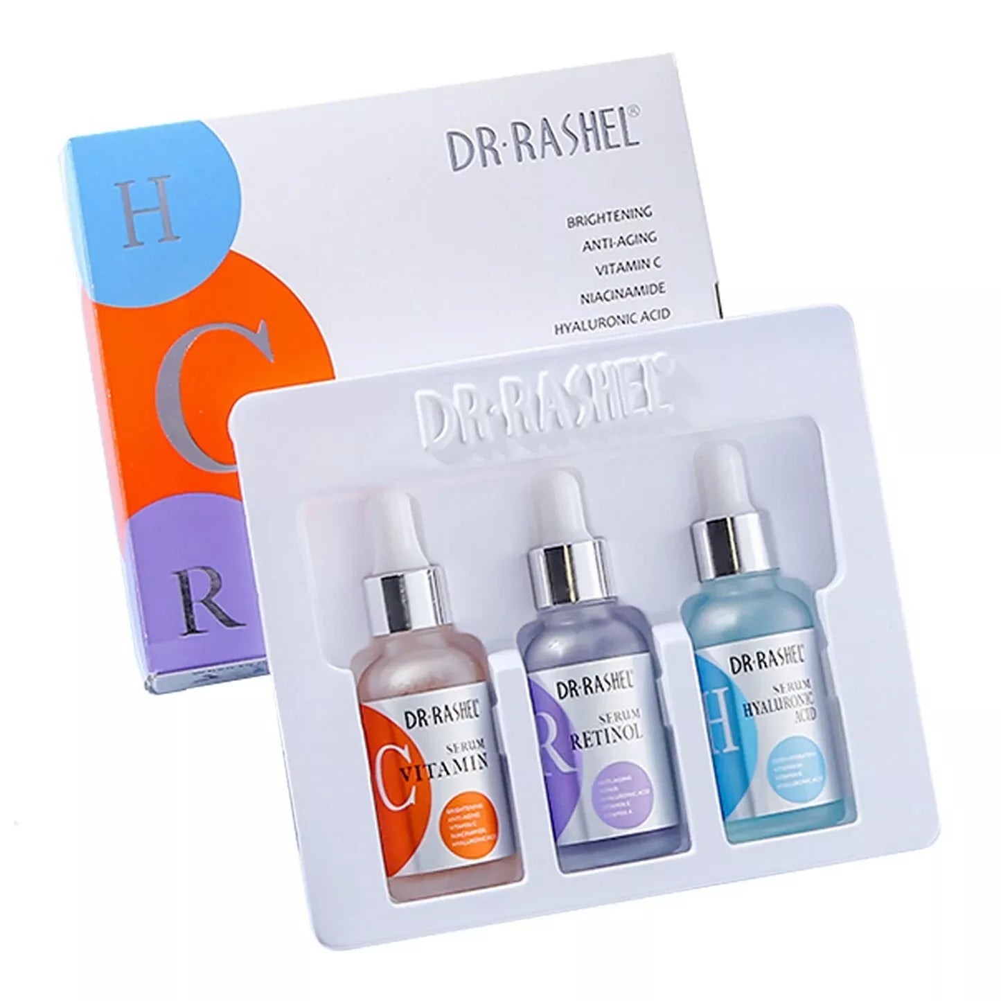 DR. RASHEL 3-Piece Complete Facial Serum Set 3 x 30mlPersonal CareElevate your skincare routine with the DR. RASHEL 3-Piece Complete Facial Serum Set, featuring three potent serums designed to target various skin concerns: Vitamin C Serum (30ml): Brighten