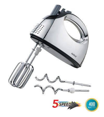 Sanford Hand Mixer, 400 Watts, SF1341HM BSKitchen Appliances5 Speed, 400 Watts. Chrome Finish, Turbo Function. Eject Button with Safety Device. Steel Dough Hooks & Beaters Included.
