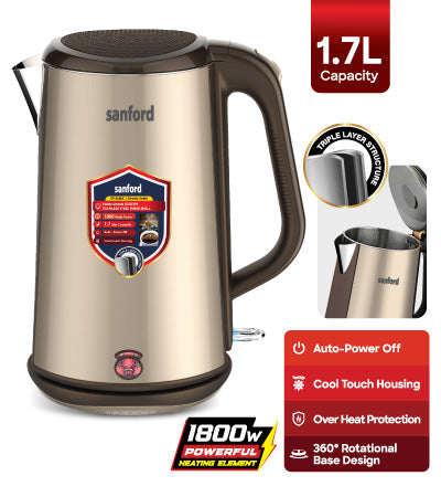 Sanford Electric Kettle 1.7 Liter, SF1868EK-1.7LKitchen Appliances1.7 Liter Capacity. 1800 Watts Power. Food Grade SUS #304 Stainless Steel Inner Shell. Durable Triple Layer Structure. Cool touch housing. 360° Rotational Base with Cord Storage. Anti-scald