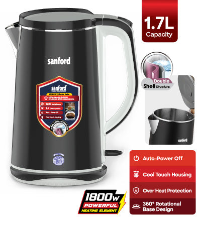 Sanford Electric Kettle SF1869EK-1.7L BSKitchen Appliances1.7 Liter Capacity. 1800 Watts Power. Food Grade SUS #304 Stainless Steel Inner Shell. Durable Double Layer Structure. Cool touch housing. 360° Rotational Base with Cord Storage. Anti-scalding Desi