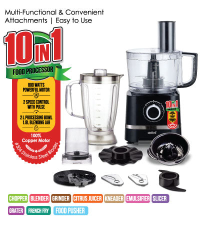 Sanford 10 in 1 Multi Functional & Convenient Food Processor 1.5 L 800 W SF6819FP - BlackKitchen Appliances10 in 1 Multi Functional Food Processor. Stylish / Elegant and Compact Design. Durable Black Body with Stainless Steel Finish. 2 Speed Control with