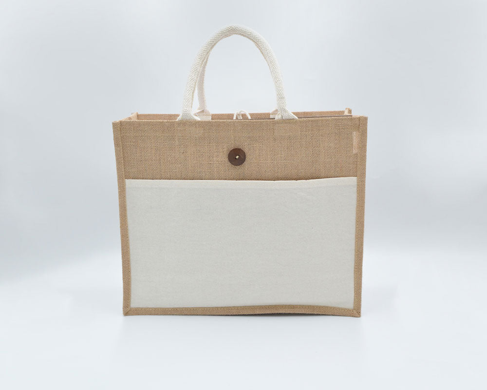 Eco Greeni Laminated Jute Bag - Natural - 100 PcsSustainable LivingLaminated Jute bag with canvas pocket / Velcro & button. Made from high-quality jute material (13x13 weave) with soft padded handles. Can be reused and in case of spills, clean the surface