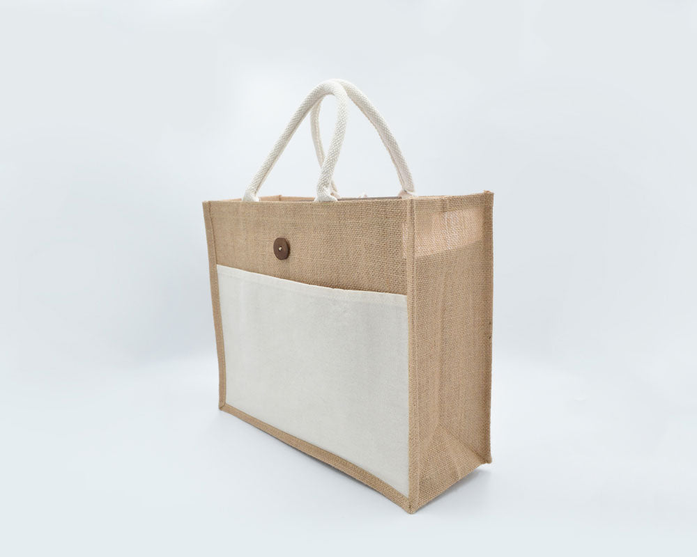 Eco Greeni Laminated Jute Bag - Natural - 100 PcsSustainable LivingLaminated Jute bag with canvas pocket / Velcro & button. Made from high-quality jute material (13x13 weave) with soft padded handles. Can be reused and in case of spills, clean the surface