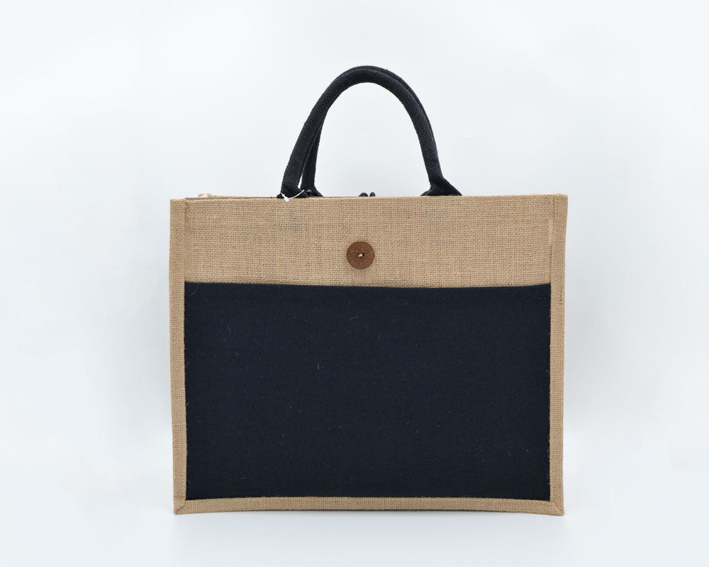 Eco Greeni Laminated Jute Bag - Black - 100 PcsSustainable LivingLaminated Jute bag with canvas pocket / Velcro & button. Made from high-quality jute material (13x13 weave) with soft padded handles. Can be reused and in case of spills, clean the surface w