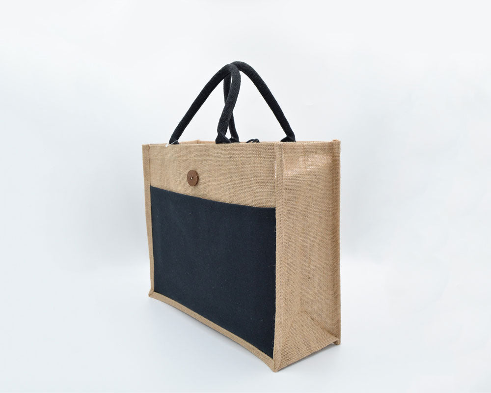 Eco Greeni Laminated Jute Bag - Black - 100 PcsSustainable LivingLaminated Jute bag with canvas pocket / Velcro & button. Made from high-quality jute material (13x13 weave) with soft padded handles. Can be reused and in case of spills, clean the surface w