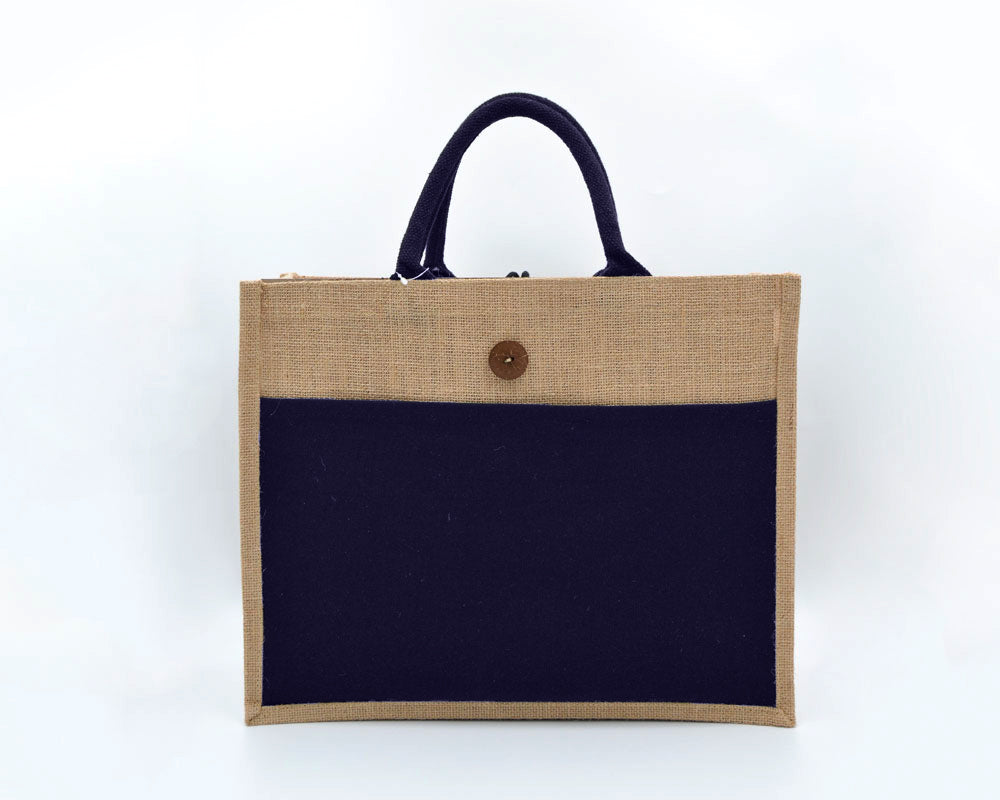 Eco Greeni Laminated Jute Bag - Navy - 100 PcsSustainable LivingLaminated Jute bag with canvas pocket / Velcro & button. Made from high-quality jute material (13x13 weave) with soft padded handles. Can be reused and in case of spills, clean the surface wi