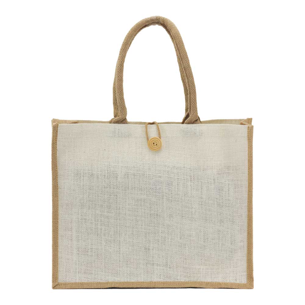 Eco Greeni Laminated Jute Bag - 100 PcsSustainable LivingLaminated Jute bag with canvas pocket / Velcro & button. Made from high-quality jute material (13x13 weave) with soft padded handles. Can be reused and in case of spills, clean the surface with a so