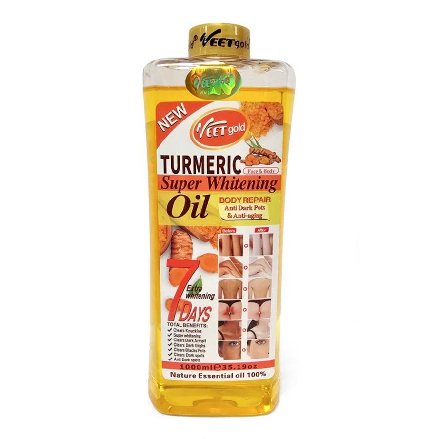 Veet Gold Turmeric Super Whitening Oil 1000mlPersonal CareHelps lighten dark spots and signs of aging with the power of turmeric and other essential oils. For best results, massage 2-3 drops into clean skin after shower daily.