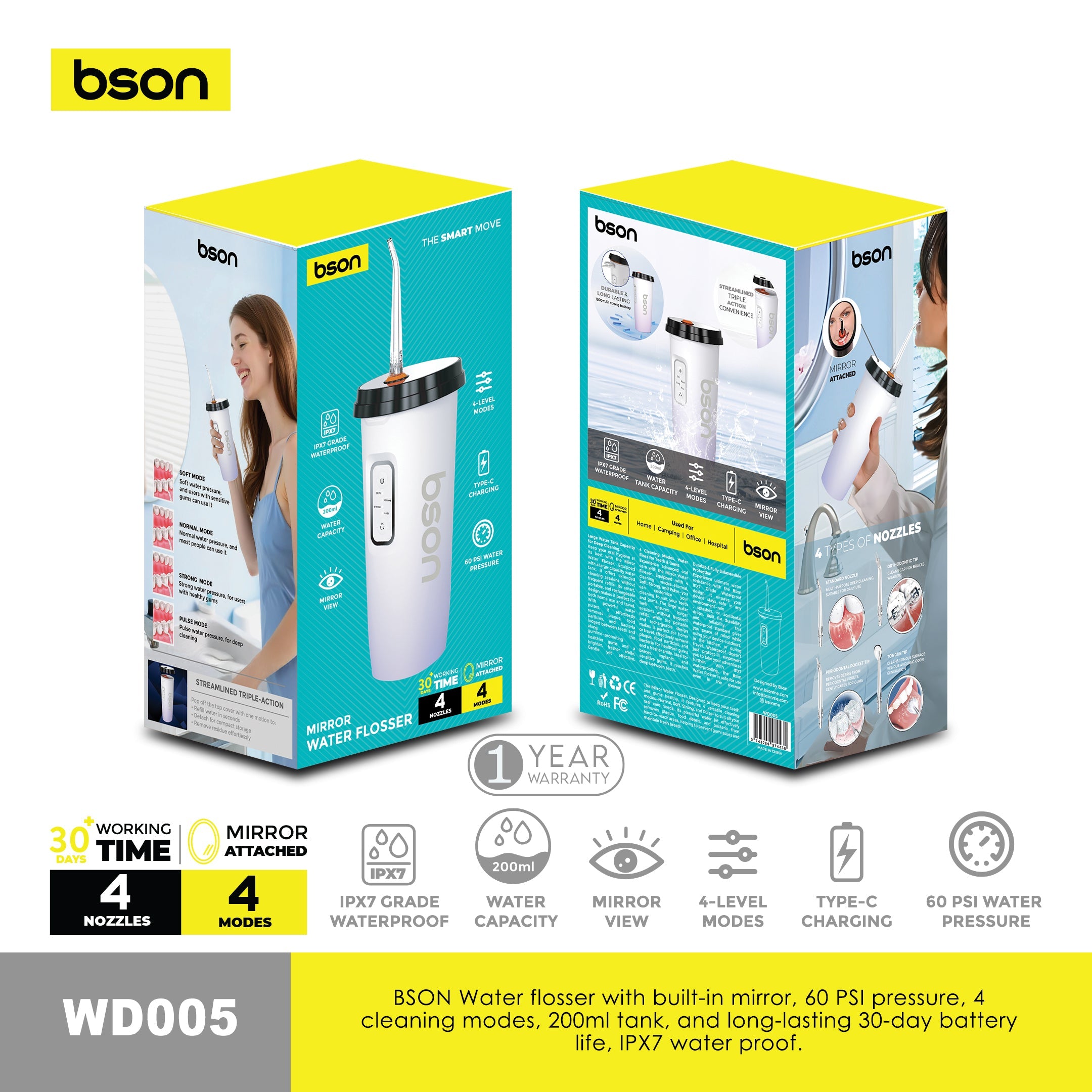 Bson Mirror Water Flosser – Built-In Mirror, 60 PSI, 4 Modes, 200ml, 30-Day Battery, IPX7