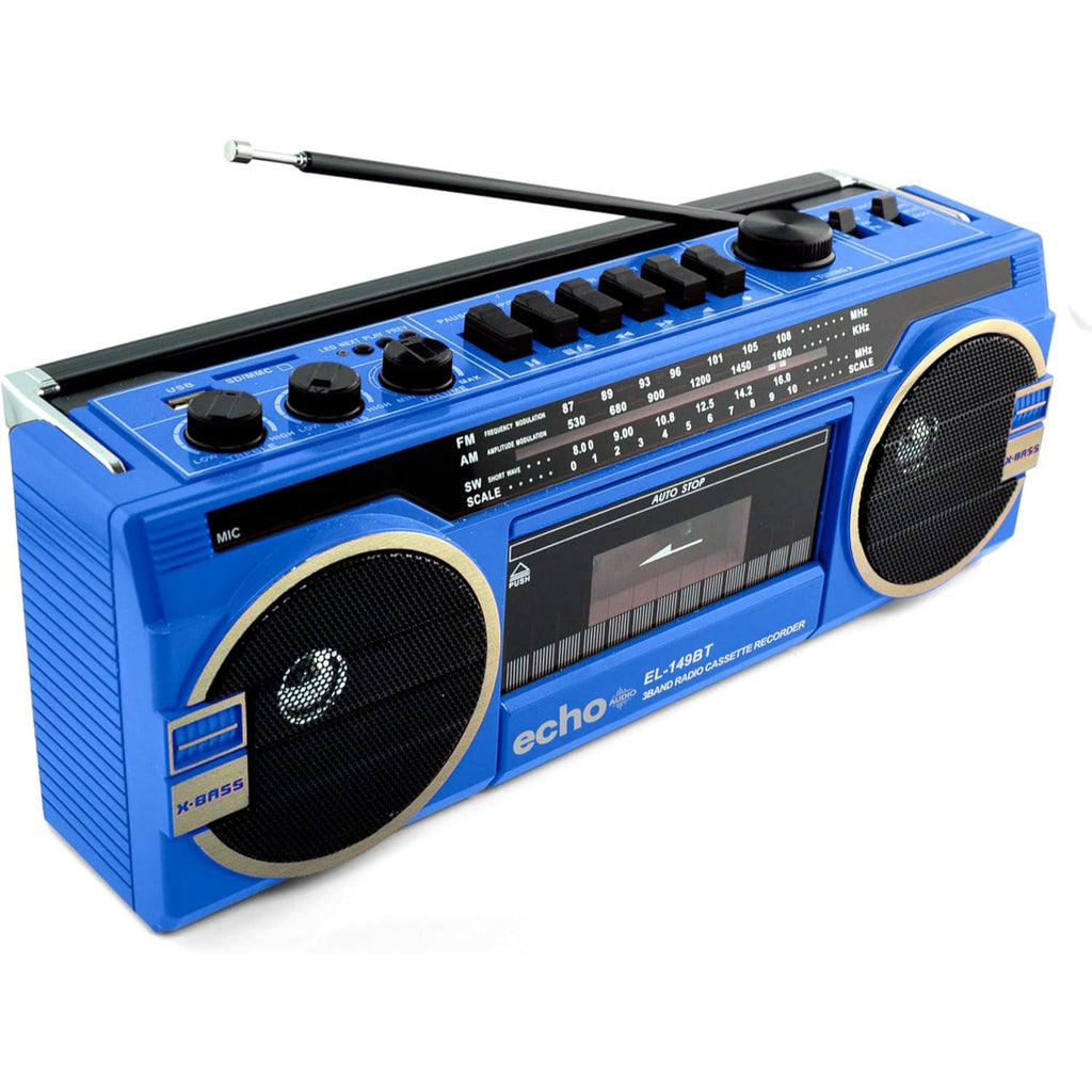 Echo Audio Retro Blast Bluetooth Boombox Portable Cassette Player Tape Recorder 3 Band Radio Voice Recorder Headphone Jack Supports USB and SD Cards BlueAM/FM/SW 3BAND RADIO CASSETTE RECORDER USB/SD FUNCTION BUILT-IN FM ANTENNA FOLD DOWN CARRY HANDLE AC/D