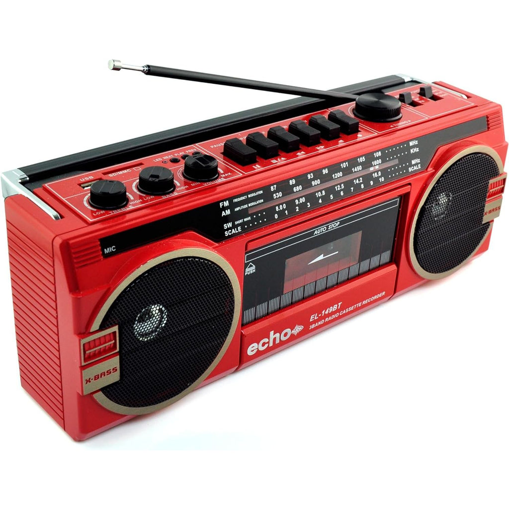 Echo Audio Retro Blast Bluetooth Boombox Portable Cassette Player Tape Recorder 3 Band Radio Voice Recorder Headphone Jack Supports USB and SD Cards RedAM/FM/SW 3BAND RADIO CASSETTE RECORDER USB/SD FUNCTION BUILT-IN FM ANTENNA FOLD DOWN CARRY HANDLE AC/DC