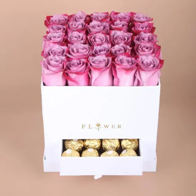 White Box of Love 25 Purple RosesGifts and Hampers20-25 Purple Roses Ferrero Rocher 6 Pcs Arranged in a White Black Box