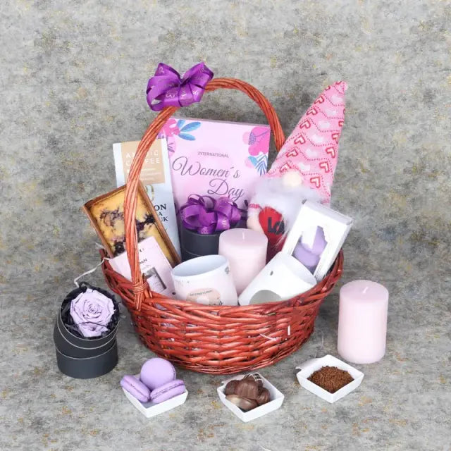 Womens Day Delight Gift BasketGifts and HampersGift Includes: 1 Purple Forever Rose in Black Box Womens Day Premium Assorted Chocolates By Sweecho 16 Pcs 1 Cute Soft Toy 30cm Arabic Coffee 100gm Womens Day Coffee Mug 1 Blueberry Loaf Cake Premium Blueberr