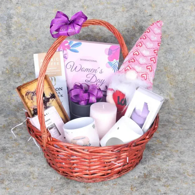 Womens Day Delight Gift BasketGifts and HampersGift Includes: 1 Purple Forever Rose in Black Box Womens Day Premium Assorted Chocolates By Sweecho 16 Pcs 1 Cute Soft Toy 30cm Arabic Coffee 100gm Womens Day Coffee Mug 1 Blueberry Loaf Cake Premium Blueberr