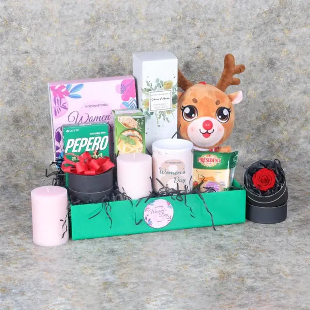 Womens Day Gift Tray GreenGifts and HampersGift Includes: 1 Red Forever Rose in Black Box Womens Day Premium Assorted Chocolates By Sweecho 16 Pcs 1 Reindeer Soft Toy 20cm 1 Reed Diffuser 1 Pepero Chocolate Almond Coated Sticks 32gm Savoury Crackers 150gm