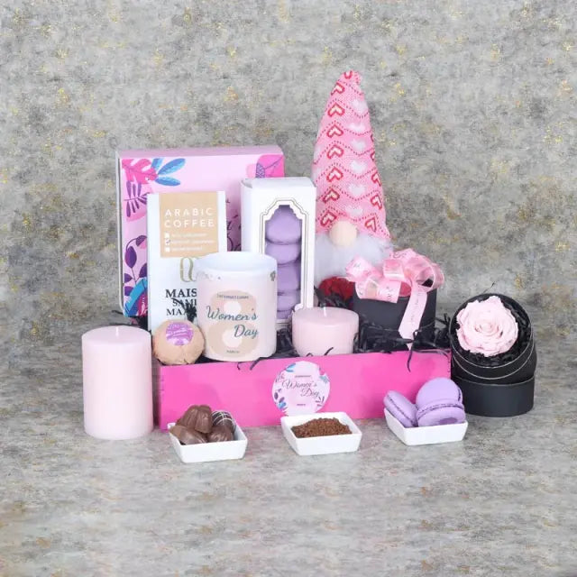 Womens Day Gift Tray PinkGifts and HampersGift Includes: 1 Pink Forever Rose in Black Box Womens Day Premium Assorted Chocolates By Sweecho 16 Pcs 1 Cute Soft Toy 30cm Arabic Coffee 100gm Womens Day Coffee Mug Premium Blueberry Macarons 5 Pcs 1 Scented Pi
