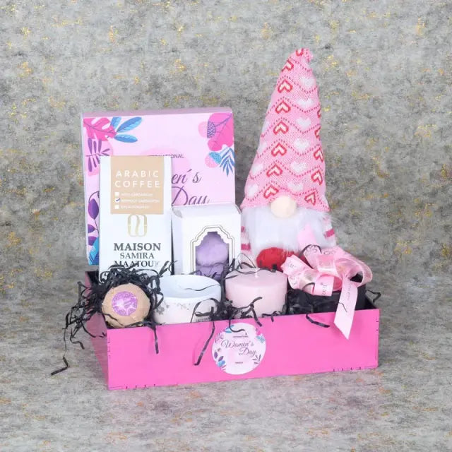 Womens Day Gift Tray PinkGifts and HampersGift Includes: 1 Pink Forever Rose in Black Box Womens Day Premium Assorted Chocolates By Sweecho 16 Pcs 1 Cute Soft Toy 30cm Arabic Coffee 100gm Womens Day Coffee Mug Premium Blueberry Macarons 5 Pcs 1 Scented Pi