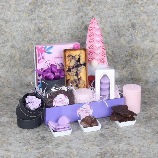 Womens Day Gift Tray PurpleGifts and HampersGift Includes: 1 Purple Forever Rose in Black Box Womens Day Premium Assorted Chocolates By Sweecho 16 Pcs 1 Cute Soft Toy 30cm 1 Blueberry Loaf Cake Premium Blueberry Macarons 5 Pcs 1 XL Chocolate Cookies 80gm