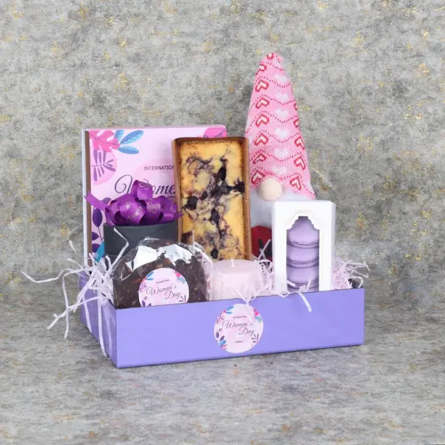 Womens Day Gift Tray PurpleGifts and HampersGift Includes: 1 Purple Forever Rose in Black Box Womens Day Premium Assorted Chocolates By Sweecho 16 Pcs 1 Cute Soft Toy 30cm 1 Blueberry Loaf Cake Premium Blueberry Macarons 5 Pcs 1 XL Chocolate Cookies 80gm